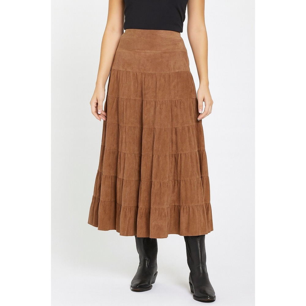 Women's Size 10 Brown Faux Suede Tiered Maxi Skirt Boho Western Festival Hipster